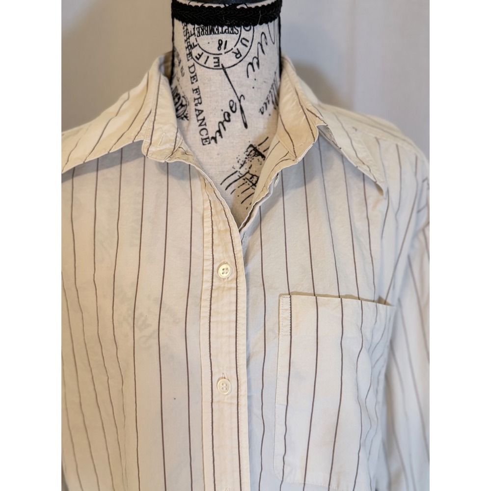 Banana Republic Cream Brown Pinstripe Cotton Button Down Cropped Shirt Medium